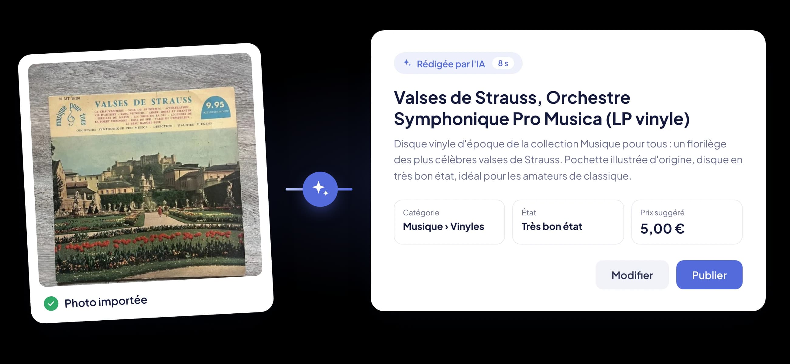 Une photo de vinyle transformée en fiche produit par l'IA
